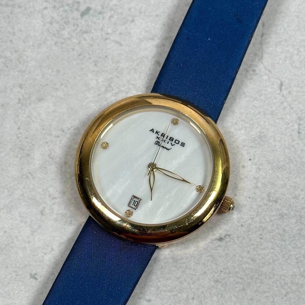 Akribos Watch Women Gold Tone Round 37mm MOP Dial Date Diamond New Battery